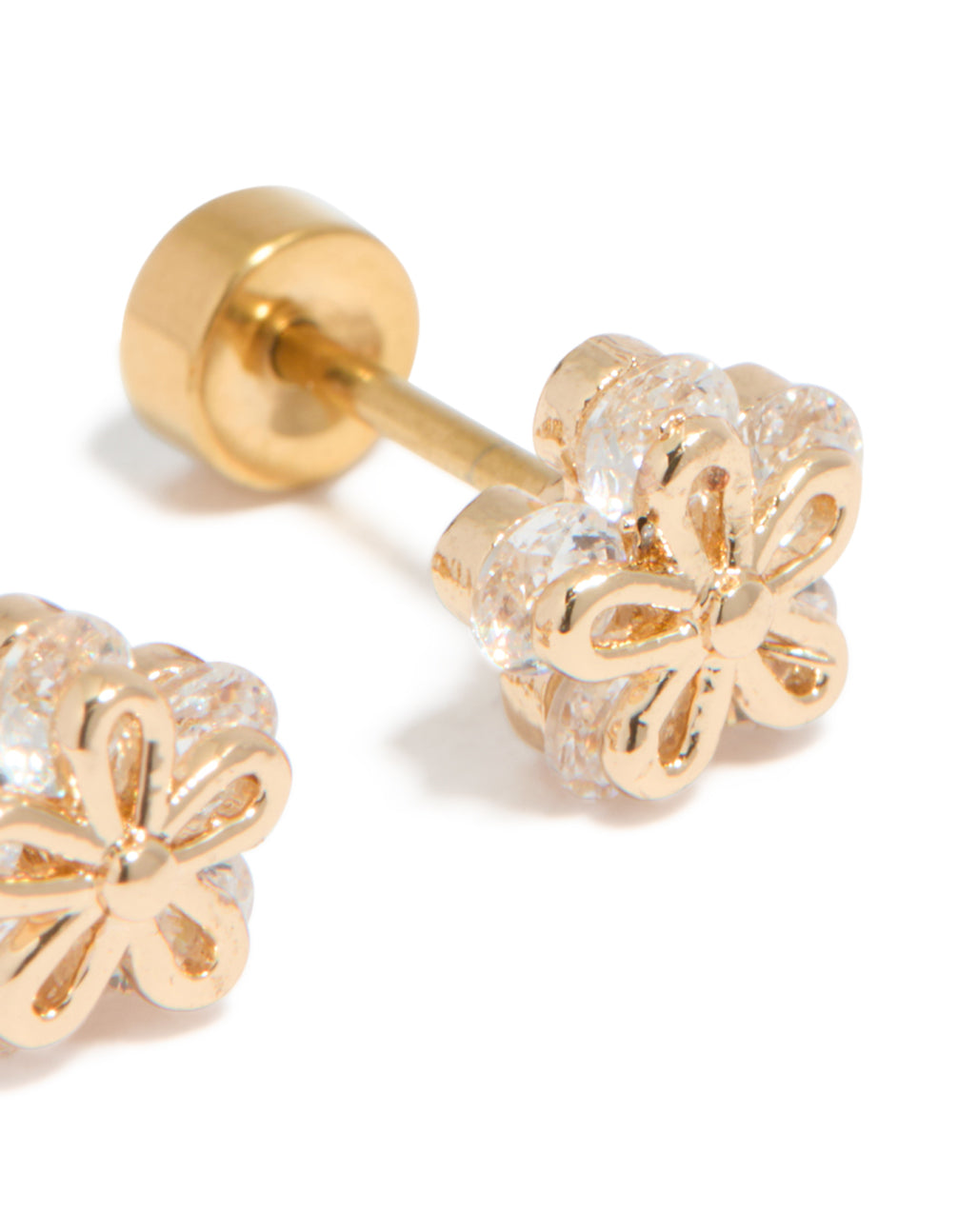 Kids Gold Plated Surgical Steel Cubic Zirconia Flower Outline Flat Back Studs