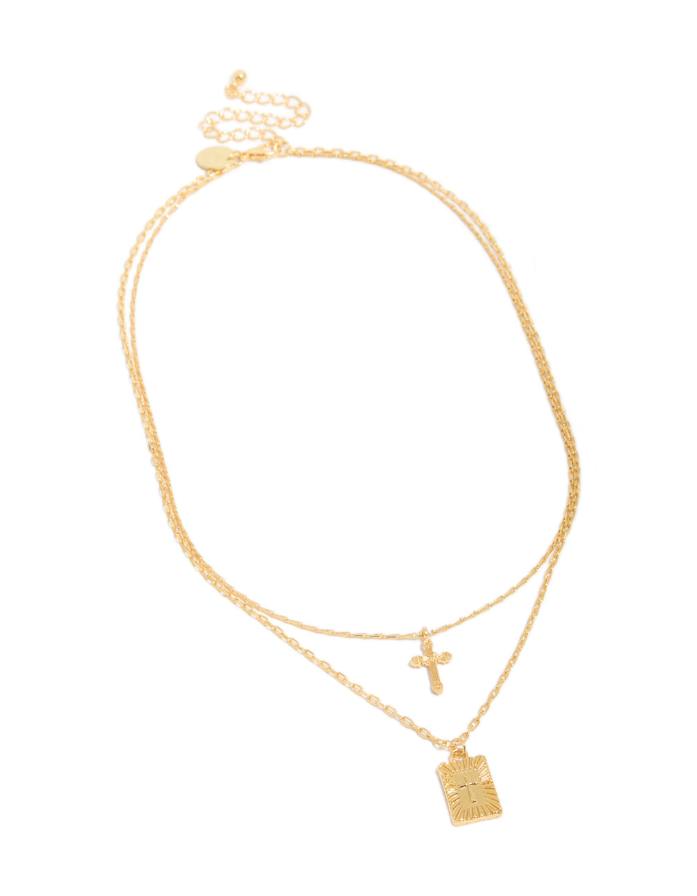 Gold Plated Cross & Rectangle Tab Pendant Layered Necklace