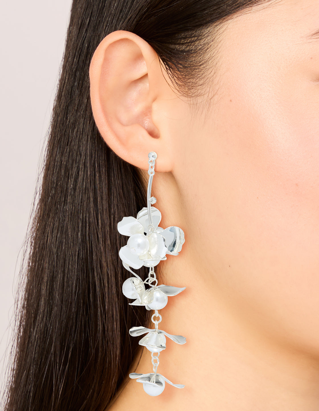 Silver Pearls & Bold Flower Drop Earrings