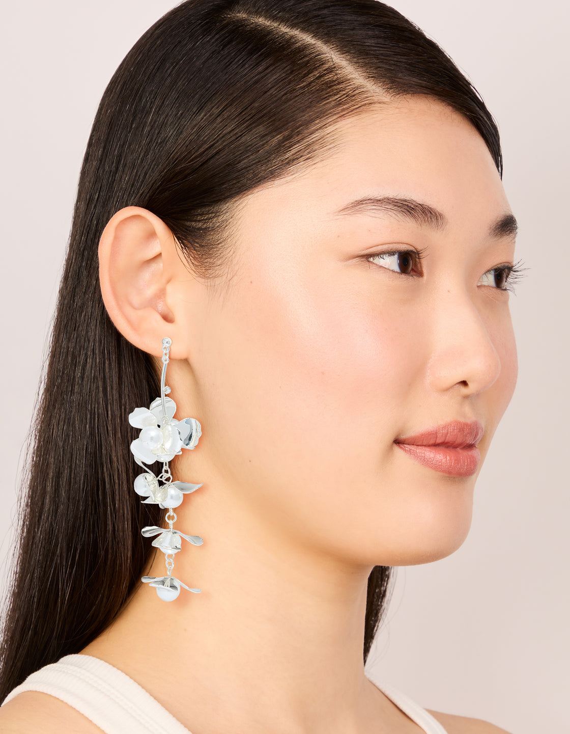 Silver Pearls & Bold Flower Drop Earrings