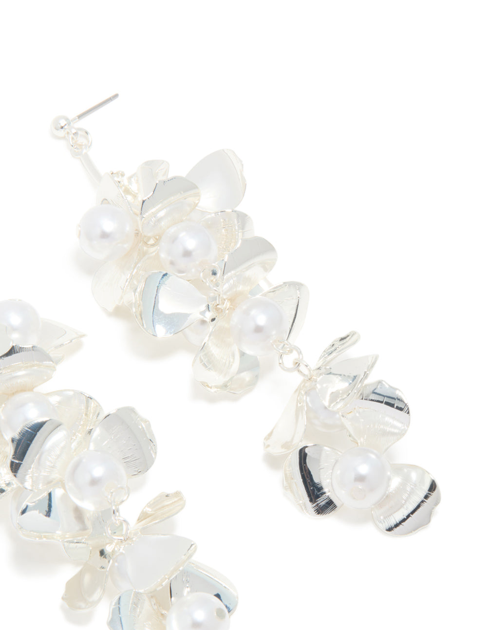 Silver Pearls & Bold Flower Drop Earrings