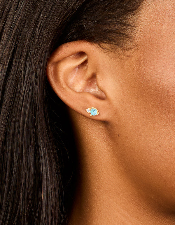 Waterproof Gold Plated Stainless Steel March Birthstone Cubic Zirconia Duo Stud Earrings