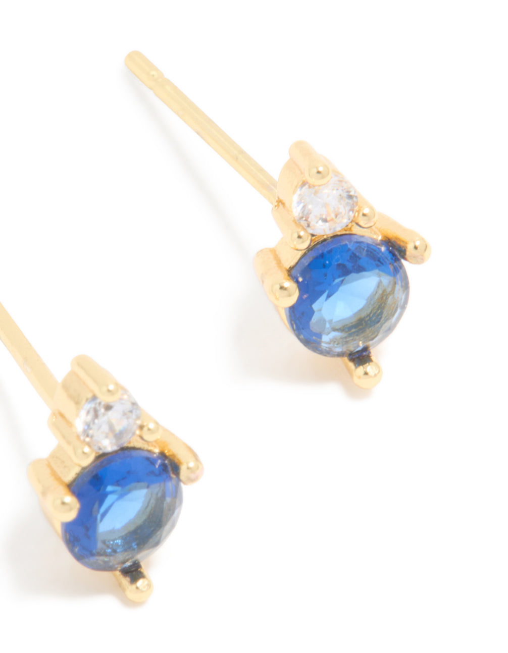 Featuring waterproof gold plated stainless steel cubic zirconia duo September birthstone stud earrings with royal blue and clear stones post detail view