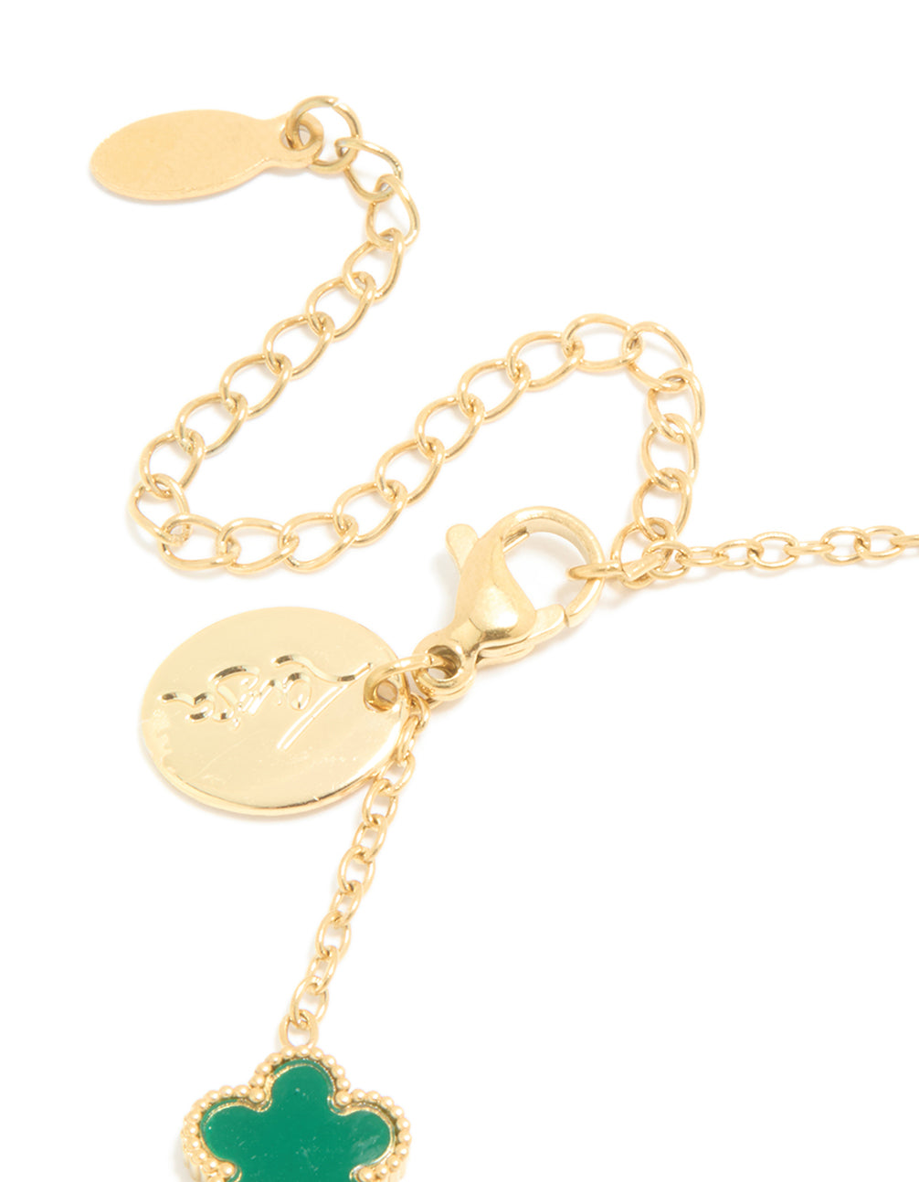 Waterproof gold plated stainless steel dark green petal flower charm bracelet closure detail view