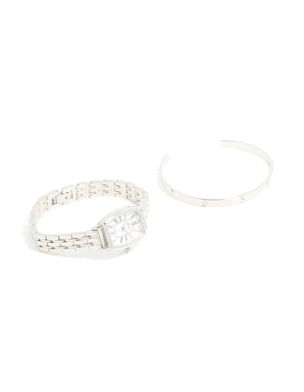 Silver Watch & Diamante Wrist Cuff Set