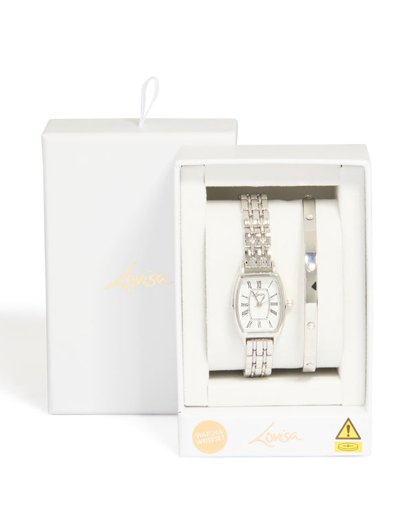 Silver Watch & Diamante Wrist Cuff Set