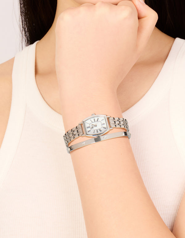 Silver Watch & Diamante Wrist Cuff Set