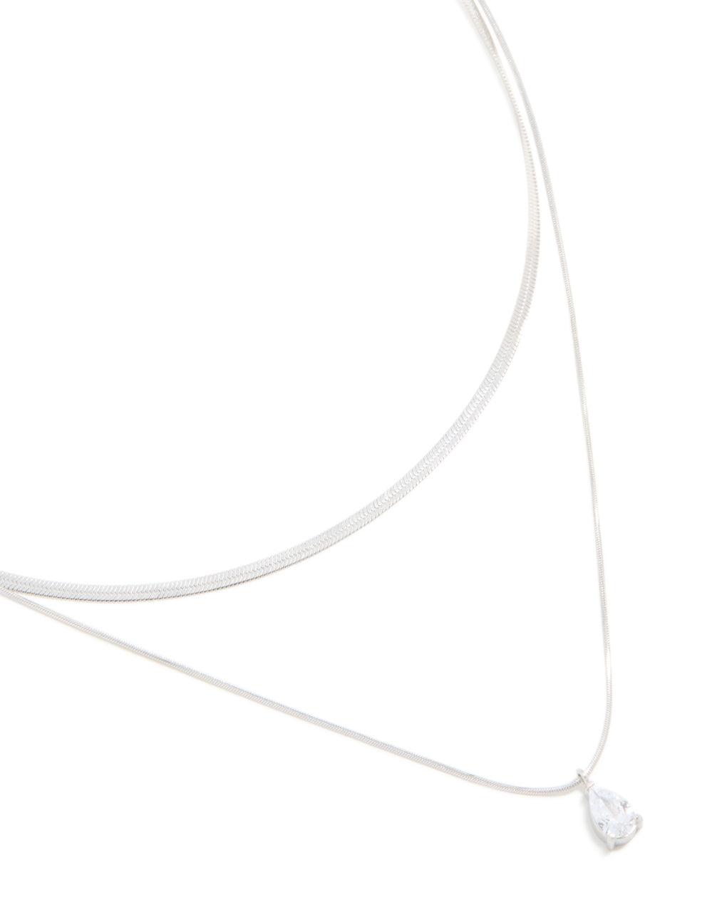 This stunning waterproof stainless steel cubic zirconia and chain pendant layered necklace with crystal in silver close up view
