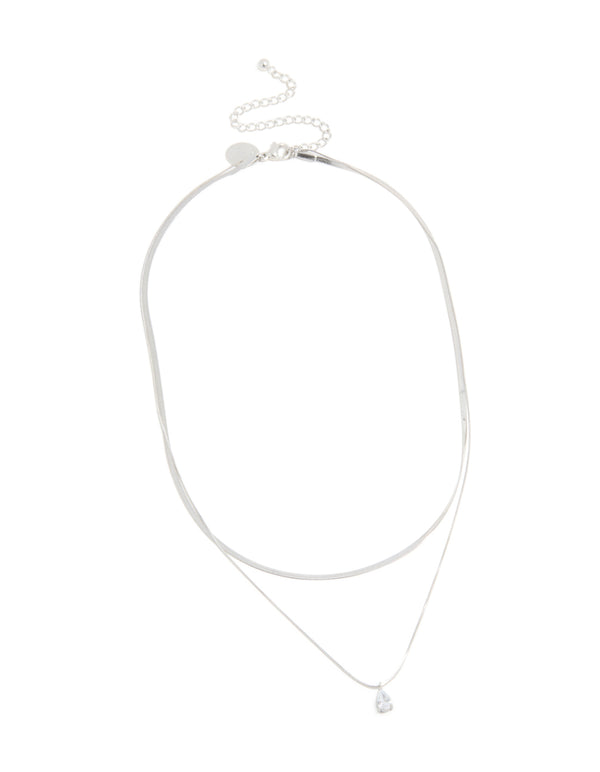 Waterproof Stainless Steel Cubic Zirconia & Chain Pendant Layered Necklace
