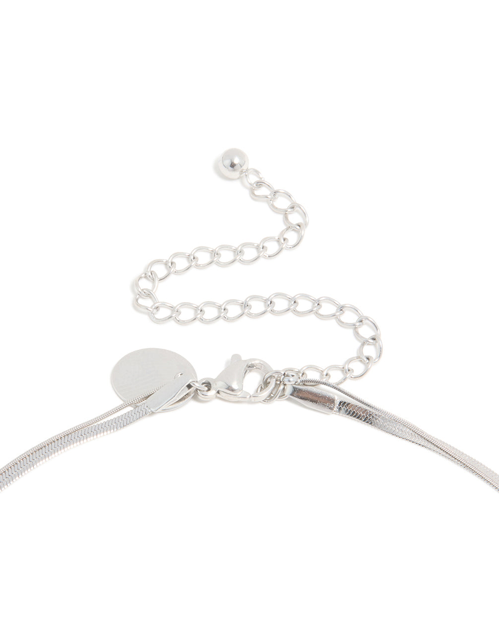 Showcasing waterproof stainless steel cubic zirconia and chain pendant layered necklace featuring crystal in silver clasp detail view