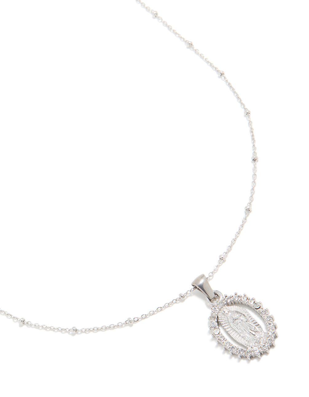 Showcasing a waterproof stainless steel lady figure pendant necklace with angel, balls in silver close up view
