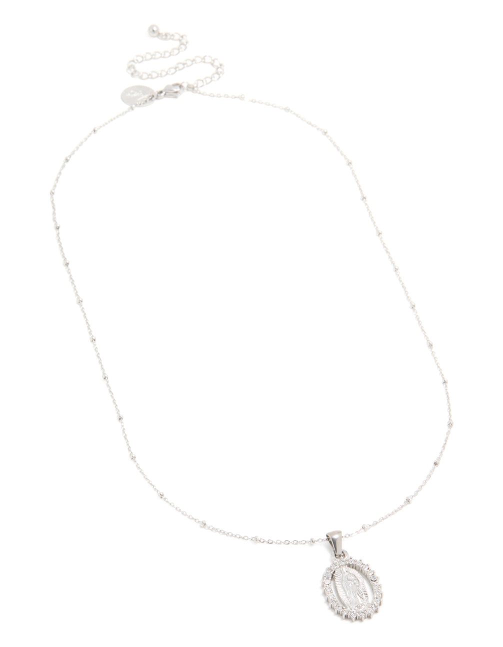 Featuring a waterproof stainless steel lady figure pendant necklace with angel charm, balls, beads in silver front view