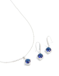Silver Sapphire Cubic Zirconia Square Cushion Earrings & Necklace Set - link has visual effect only
