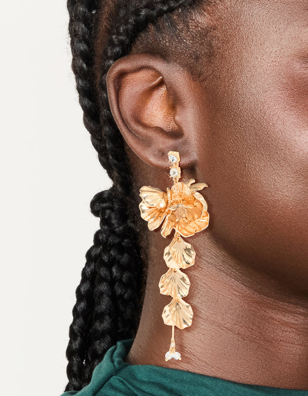 Gold Long Floral Drop Earrings