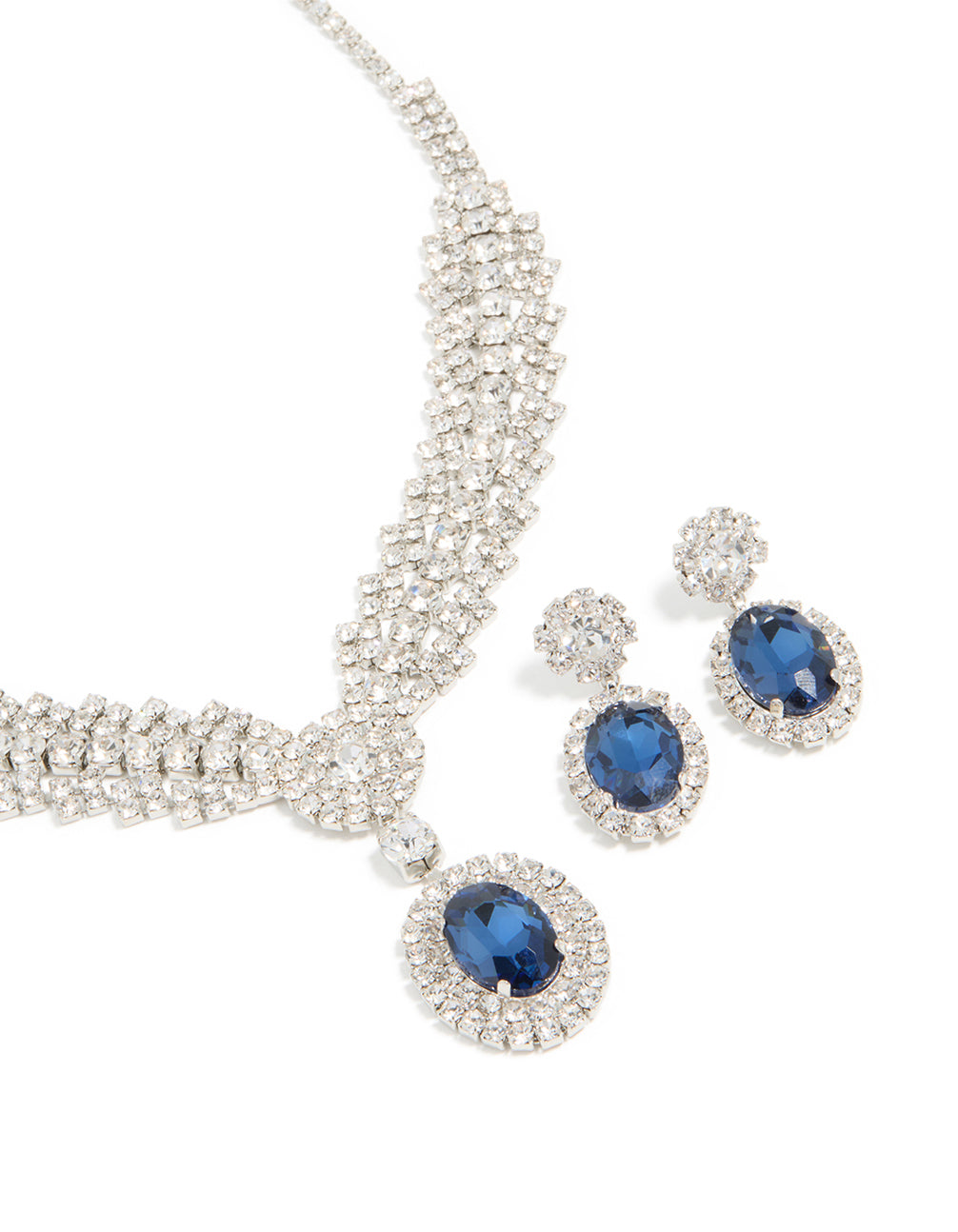 Silver Blue Diamante V-Shaped Pendant Necklace & Earrings Set
