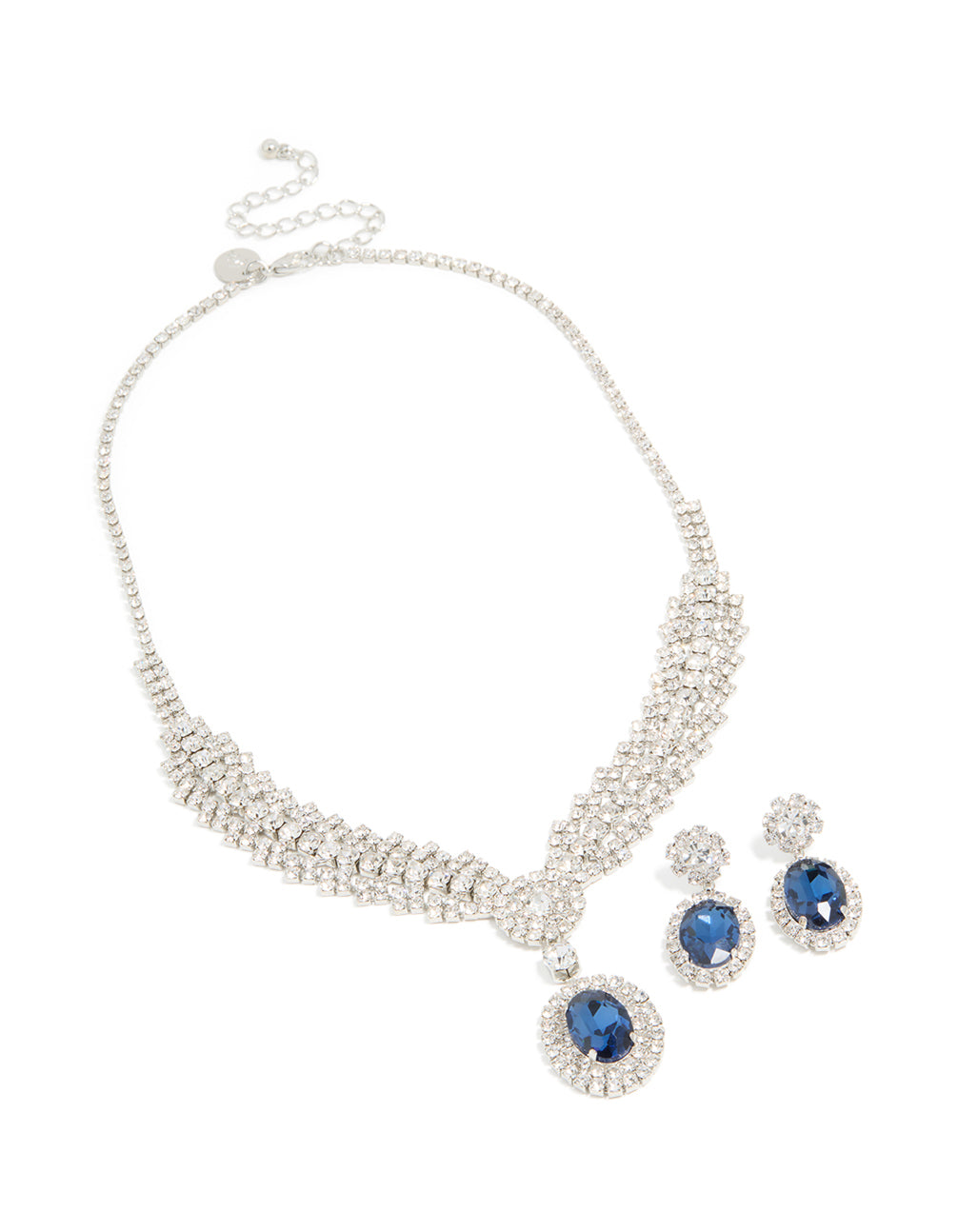 Silver Blue Diamante V-Shaped Pendant Necklace & Earrings Set