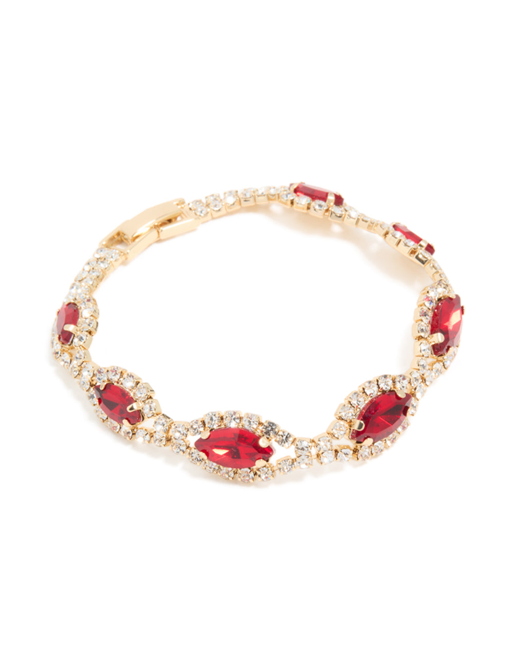 Elegant gold bracelet with red pear shape diamante stones and clear crystal accents front view