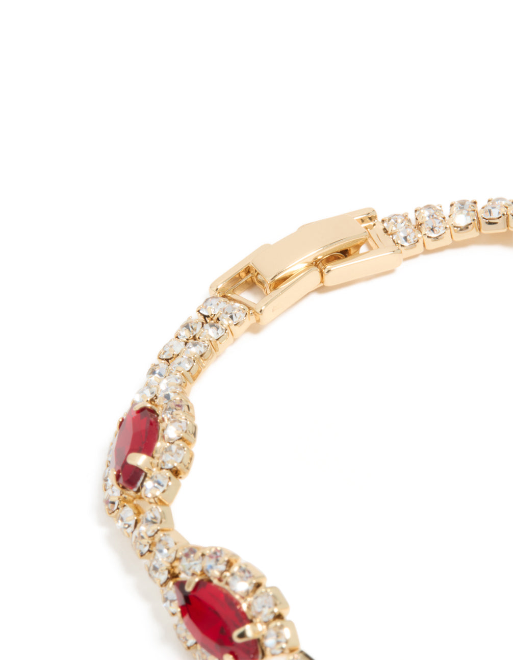 Crafted gold bracelet with red pear shape diamante stones and clear crystal accents showing clasp closure detail view