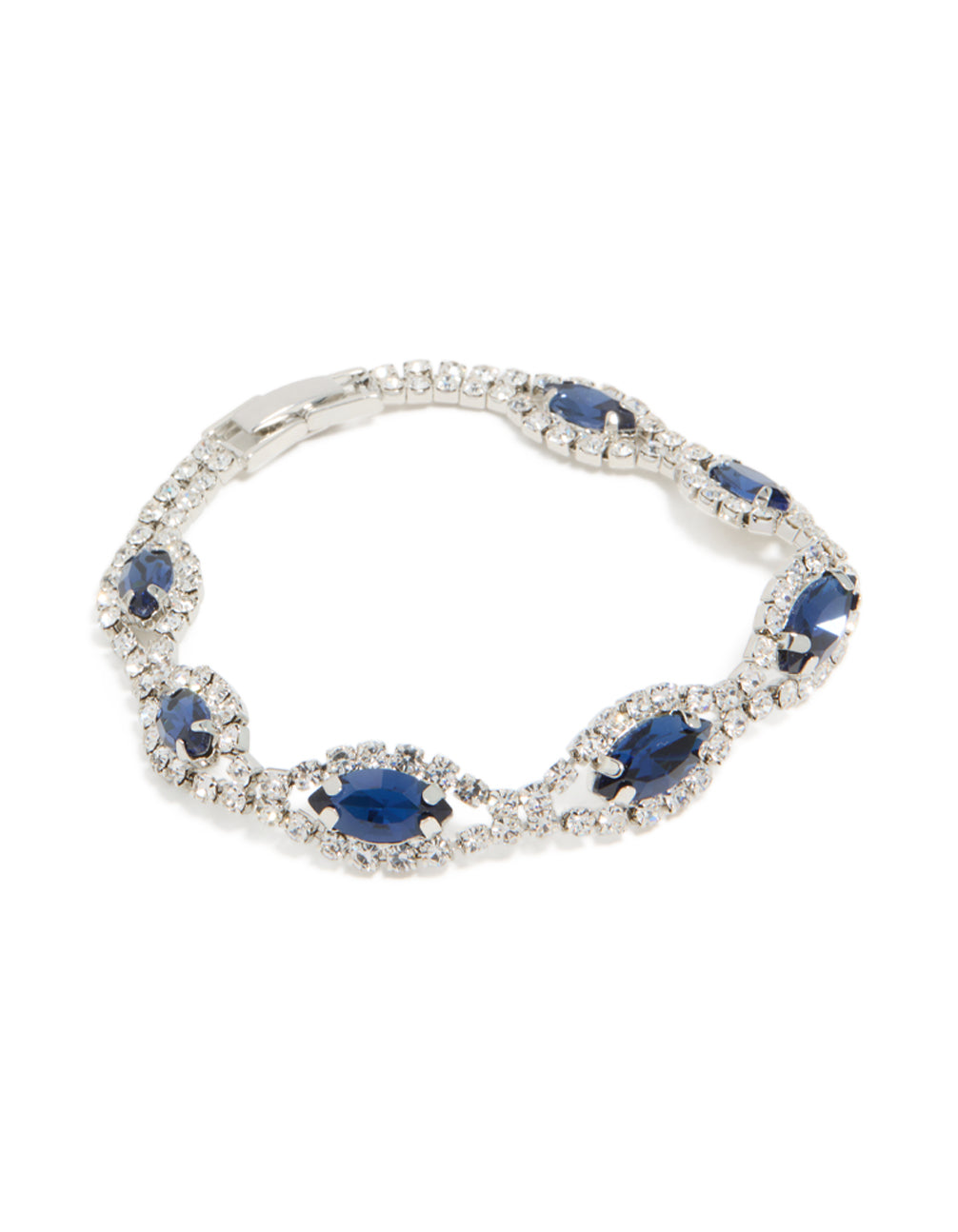 Elegant silver bracelet featuring blue diamante and shiny pear cut stones with front view