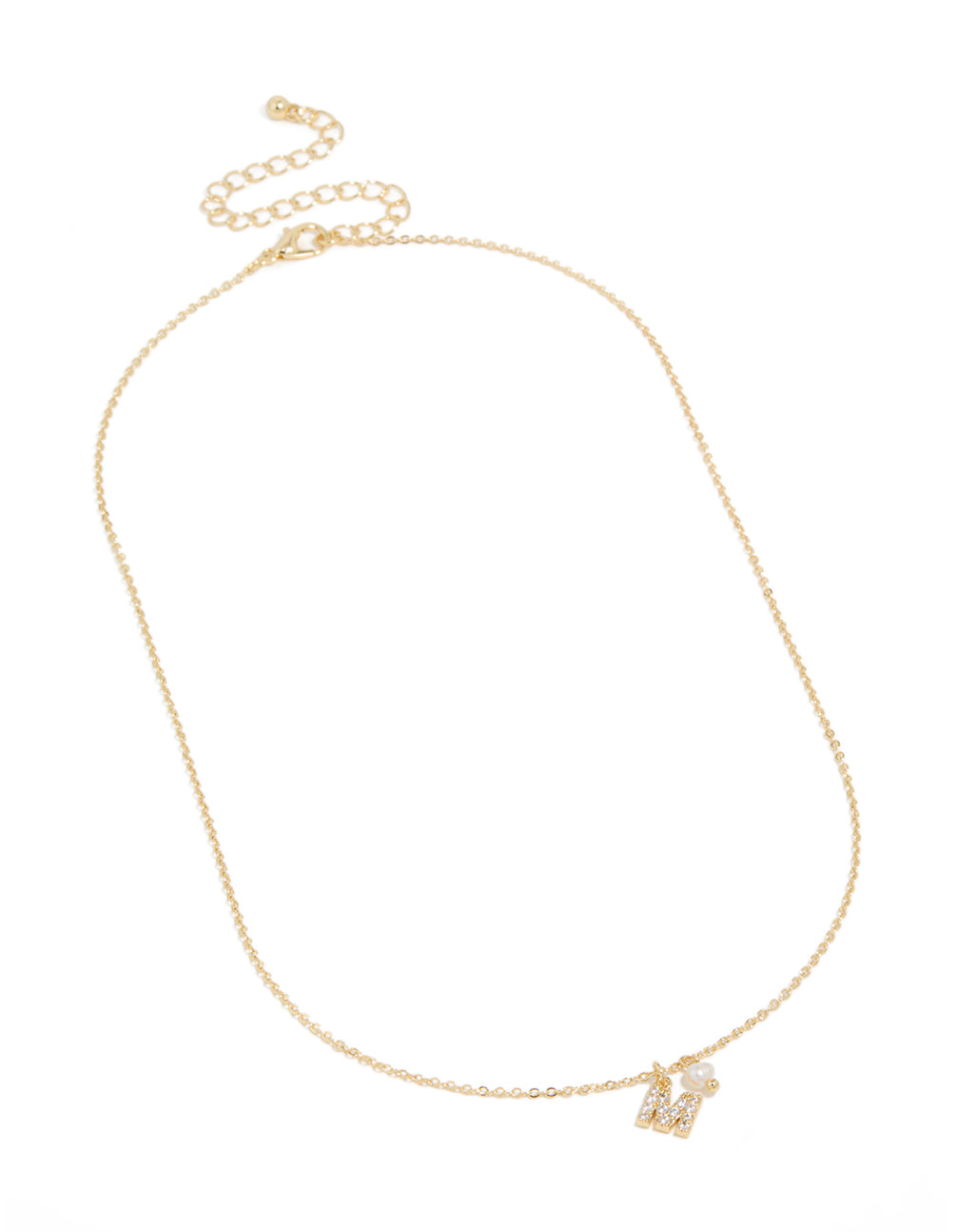 Gold Plated Cubic Zirconia & Pearl Letter M Necklace