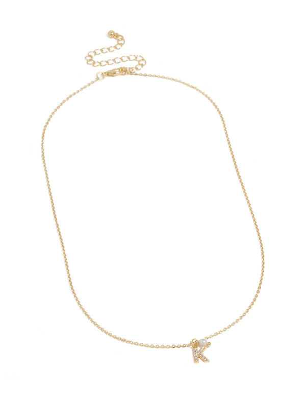Gold Plated Cubic Zirconia & Pearl Letter K Necklace