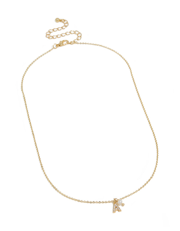 Gold Plated Cubic Zirconia & Pearl Letter A Necklace