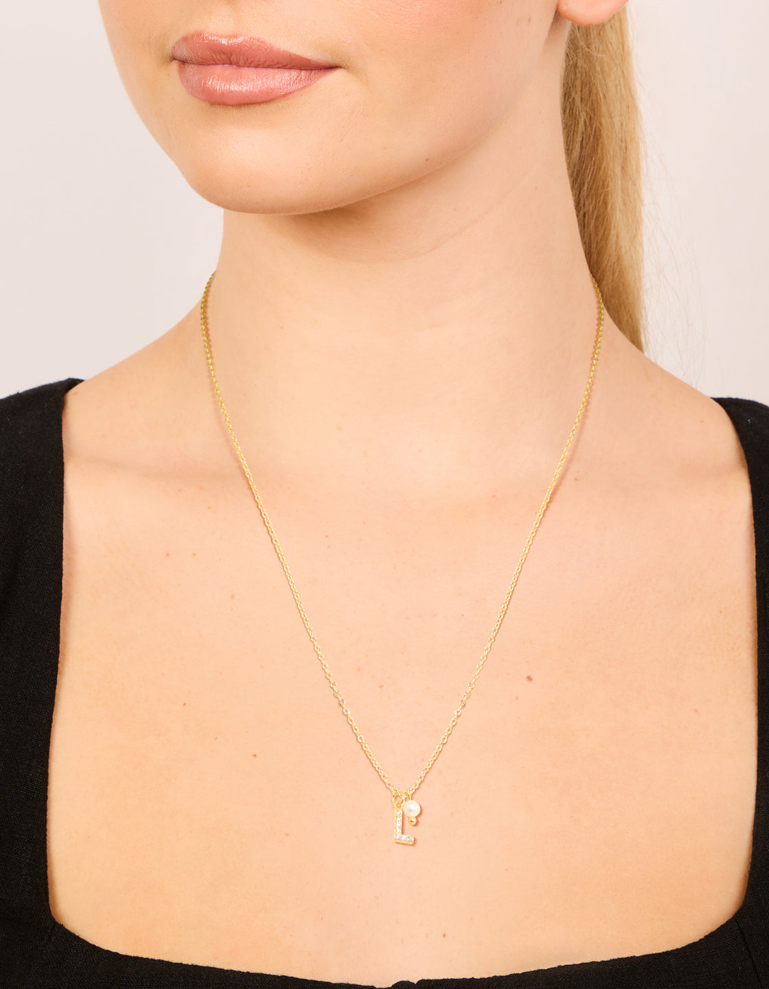 Gold Plated Cubic Zirconia & Pearl Letter L Necklace