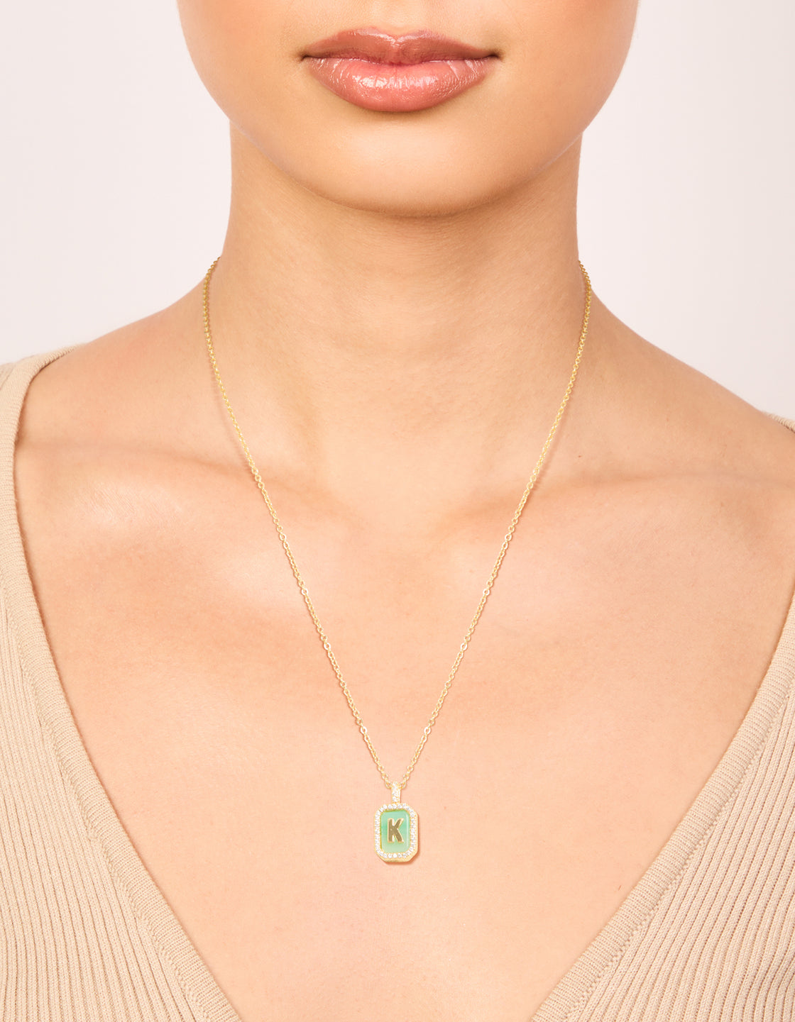 Gold Plated Brass Cubic Zirconia Letter K Tag Necklace