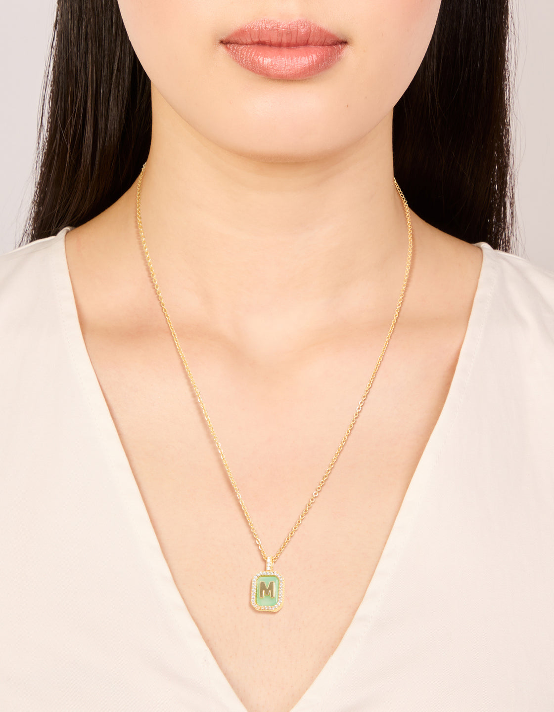 Gold Plated Brass Cubic Zirconia Letter M Tag Necklace