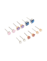 Silver Multicoloured Cubic Zirconia Classic Stud Earrings 6-Pack - link has visual effect only