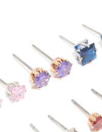 Silver Multicoloured Cubic Zirconia Classic Stud Earrings 6-Pack - link has visual effect only
