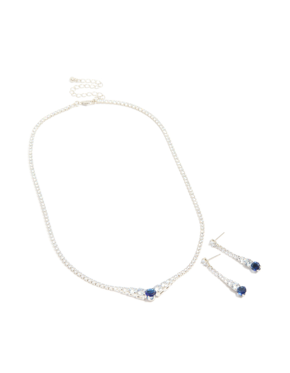 Silver Sapphire Blue Cubic Zirconia Graduating Pointed Earrings & Necklace Set