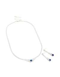 Silver Sapphire Blue Cubic Zirconia Graduating Pointed Earrings & Necklace Set - link has visual effect only