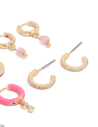 Elegantly designed gold diamante and pink enamel hoop earrings 5-pack with beads closure post detail view - link has visual effect only