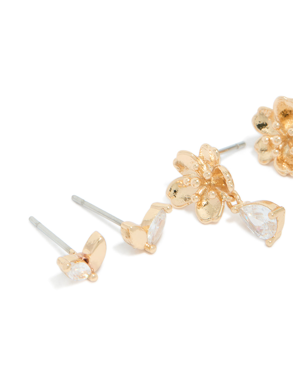Gold Cubic Zirconia Flower & Petal Earrings 3-Pack