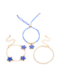 Gold Cubic Zirconia Tennis & Dark Blue Cord Flower Bracelet 3-Pack - link has visual effect only