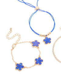 Gold Cubic Zirconia Tennis & Dark Blue Cord Flower Bracelet 3-Pack - link has visual effect only