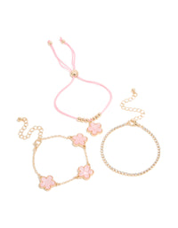 Gold Cubic Zirconia Tennis & Blush Pink Cord Flower Bracelets 3-Pack - link has visual effect only