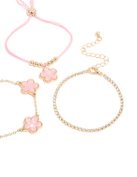 Gold Cubic Zirconia Tennis & Blush Pink Cord Flower Bracelets 3-Pack - link has visual effect only