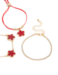 Gold Cubic Zirconia Tennis & Red Cord Flower Bracelets 3-Pack - link has visual effect only