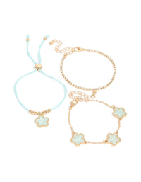 Gold Cubic Zirconia Tennis & Cord Light Blue Flower Charm Bracelets 3-Pack - link has visual effect only