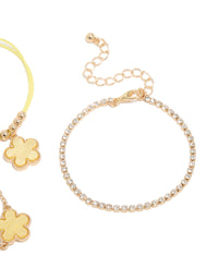 Gold Cubic Zirconia Tennis & Yellow Cord Flower Bracelets 3-Pack - link has visual effect only