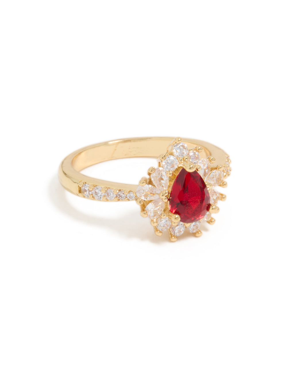 Showcasing a gold plated gleaming red cubic zirconia ring with pear stone cut in a statement style front view