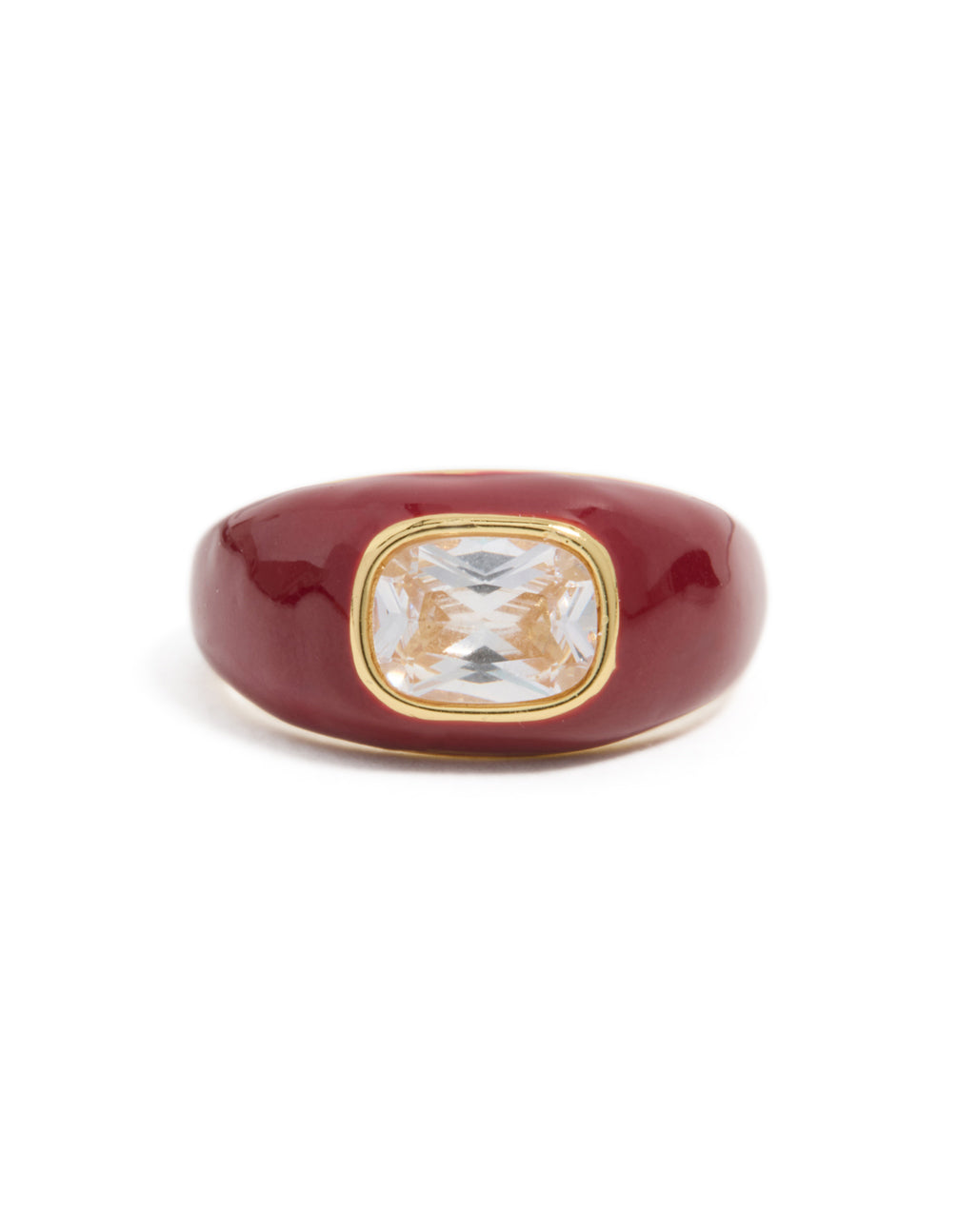 Showcasing a waterproof red enamel statement ring with stainless steel construction and cushion-cut cubic zirconia front view