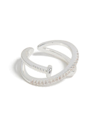 Showcasing a silver plated cubic zirconia shiny half nail ring front view - link has visual effect only