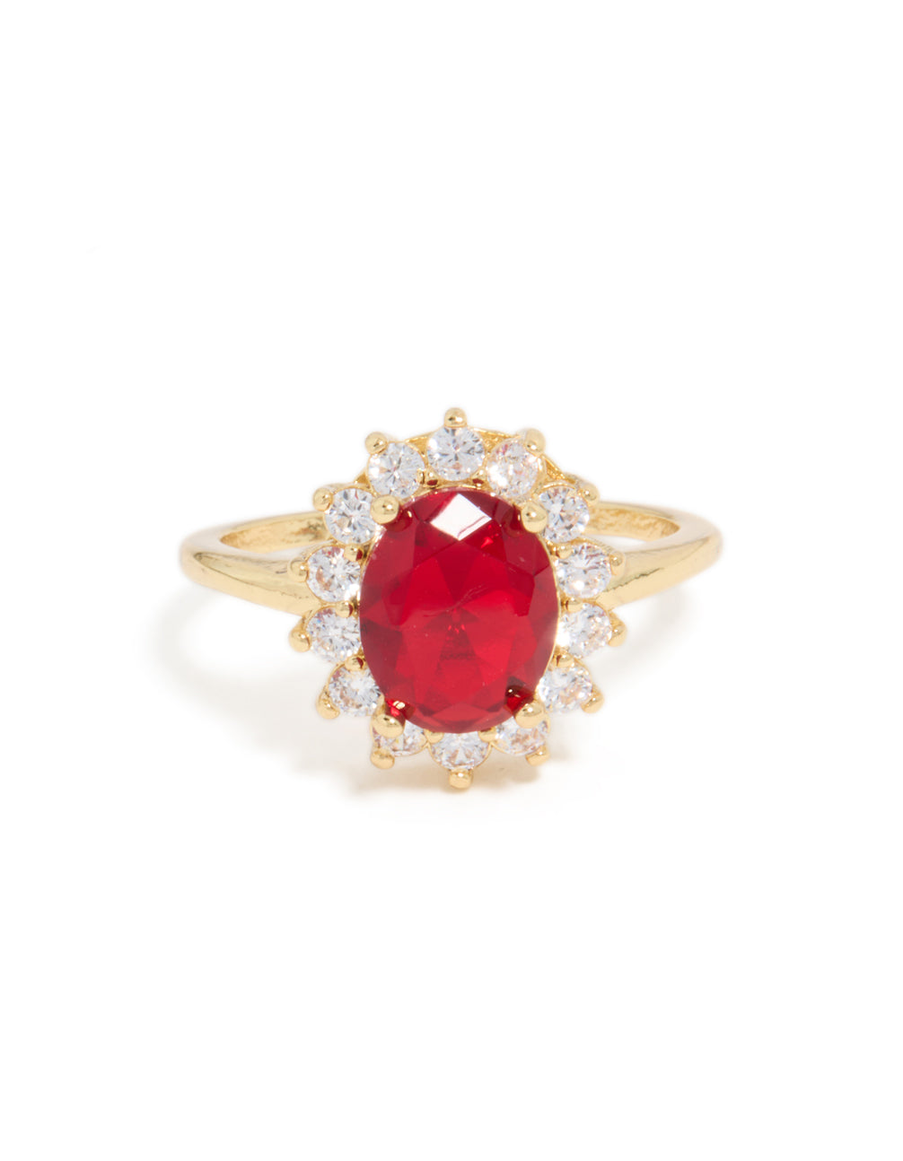 Stunning gold plated oval red cubic zirconia ring in floral with prong setting close up view