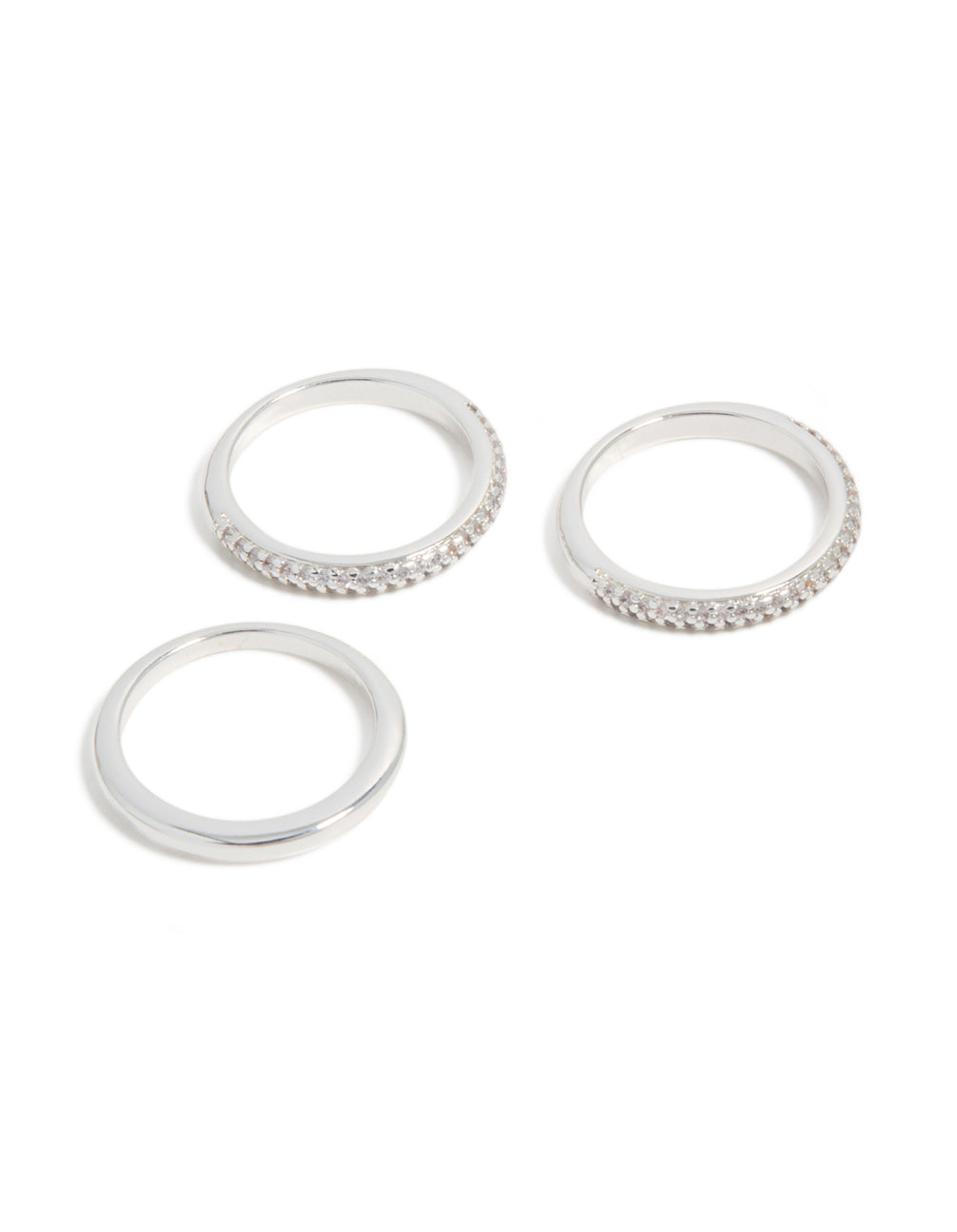 Crafted from silver plated material featuring cubic zirconia crystal band rings in a 3-pack front view