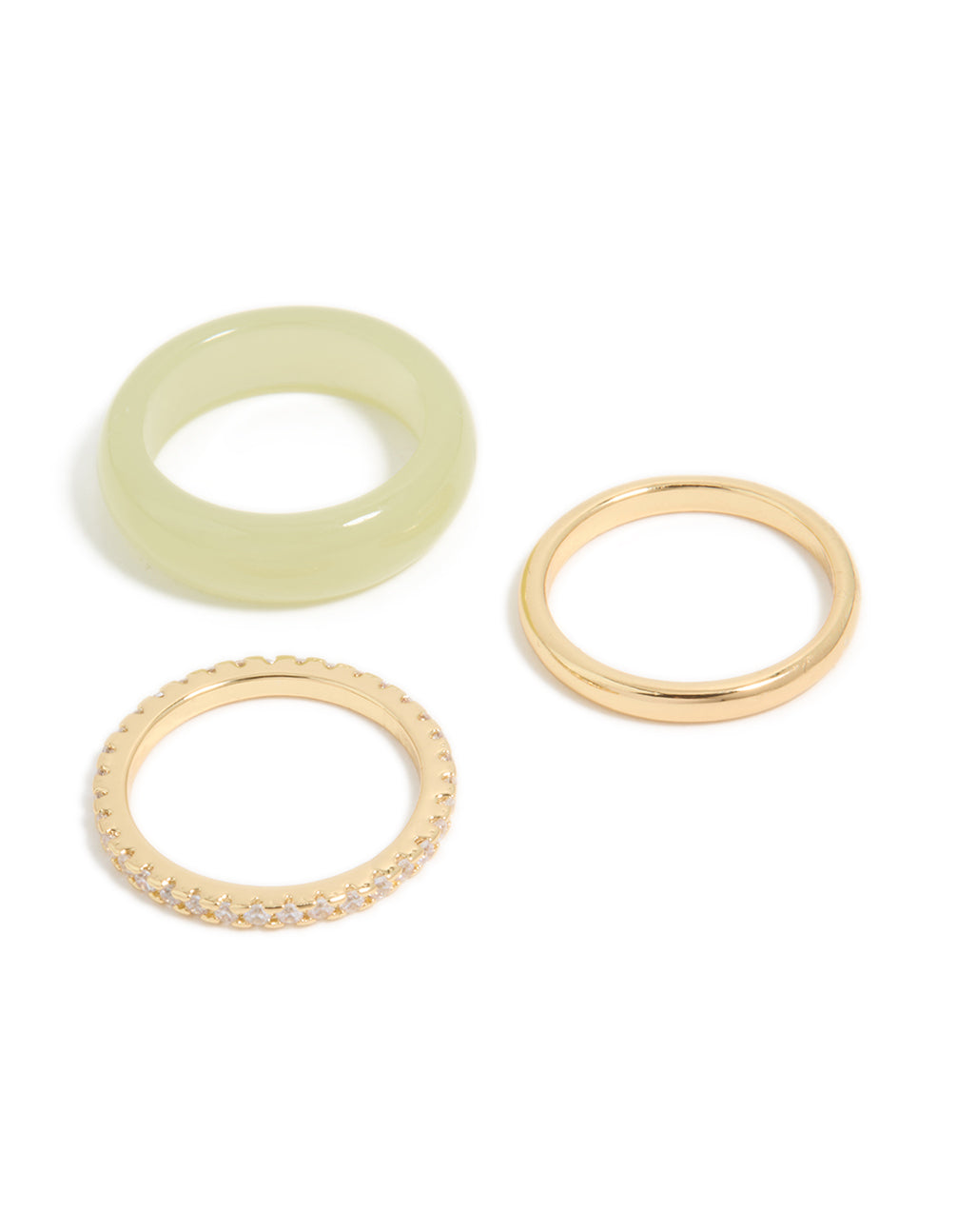 Featuring gold plated acrylic and cubic zirconia rings in a statement 3-pack front view