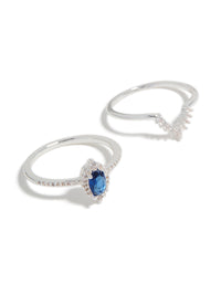 Silver Plated Pear & Blue Cubic Zirconia Crown Stacking Rings 2-Pack - link has visual effect only