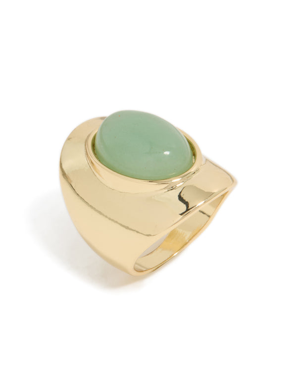 Designed with gold plated material and an oval pale green semi precious stone front view